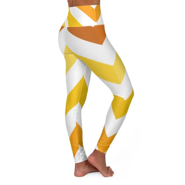 High Waisted Yoga Pants, Yellow And White Herringbone Style Sports Pants