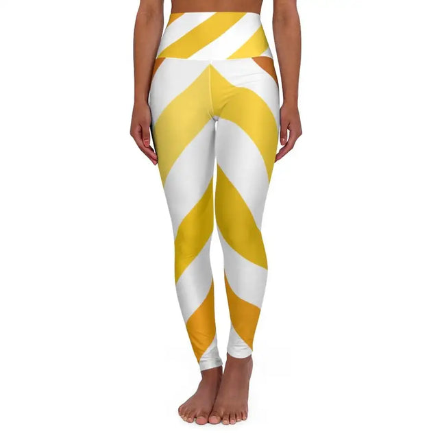 High Waisted Yoga Pants, Yellow And White Herringbone Style Sports Pants