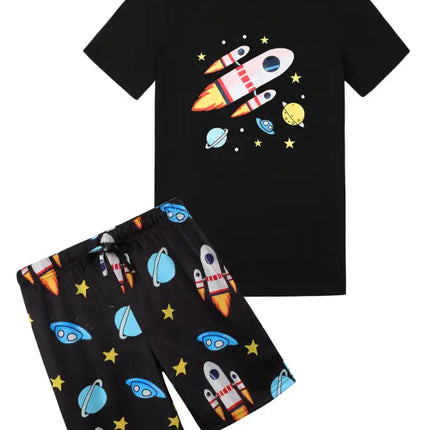 Boy's' Round Neck Cartoon Pattern Short Sleeve Shorts Cotton Pajamas Set