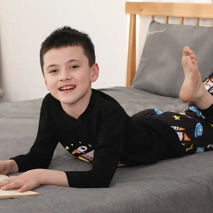 Boy's' Round Neck Cartoon Pattern Short Sleeve Shorts Cotton Pajamas Set