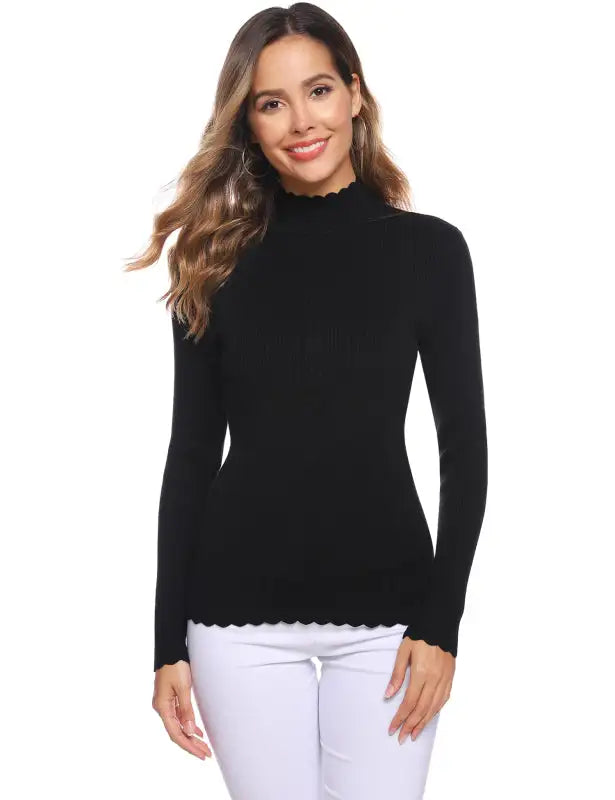 Suéter ajustado de manga larga con cuello de tortuga de color liso para mujer 