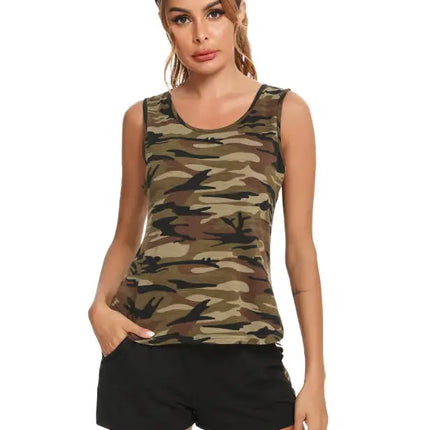 Women's Camouflage Vest And Color Shorts Suit