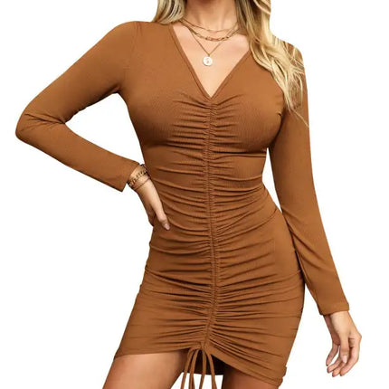 Vestido fruncido con cuello en V sexy a la moda para mujer 