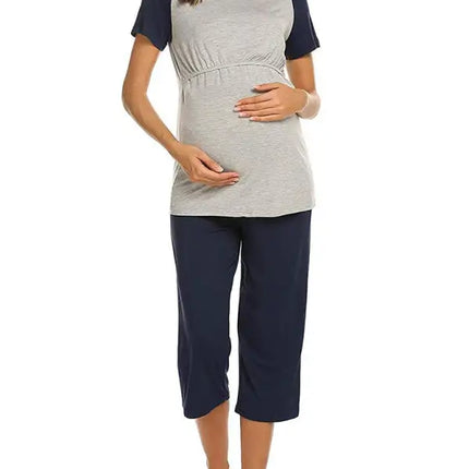 Women's short sleeve contrast button breast-feeding top adjustable Capri Pajama suit