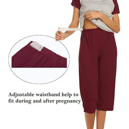 Women's short sleeve contrast button breast-feeding top adjustable Capri Pajama suit