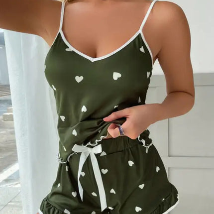 Conjunto de dos piezas de pijama con camisola y pantalones cortos con estampado de corazones para mujer 
