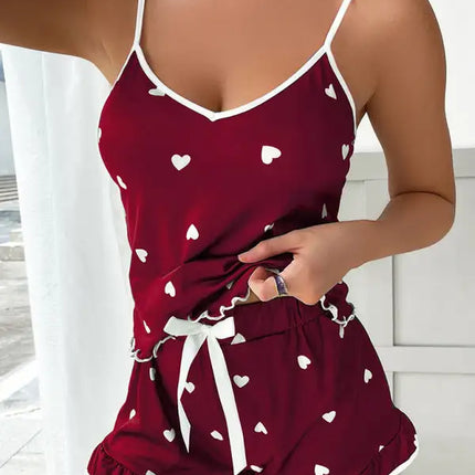 Conjunto de dos piezas de pijama con camisola y pantalones cortos con estampado de corazones para mujer 