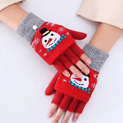 Women's Half Finger Flip Thickened Warm Knit Christmas Gloves