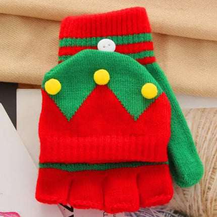 Women's Half Finger Flip Thickened Warm Knit Christmas Gloves