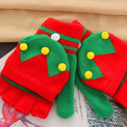 Women's Half Finger Flip Thickened Warm Knit Christmas Gloves