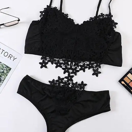 Spaghetti Straps Crochet Lace Hollow Out Bra Thong Lingerie Set
