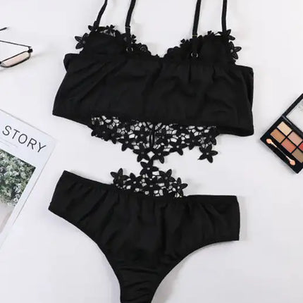 Spaghetti Straps Crochet Lace Hollow Out Bra Thong Lingerie Set