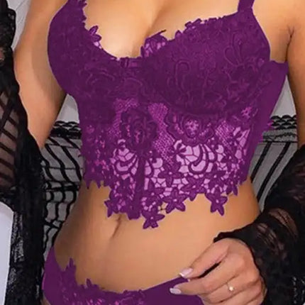 Spaghetti Straps Crochet Lace Hollow Out Bra Thong Lingerie Set