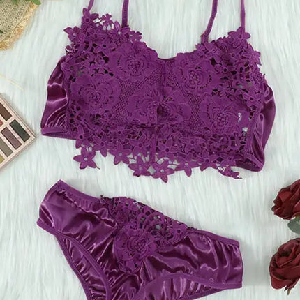 Spaghetti Straps Crochet Lace Hollow Out Bra Thong Lingerie Set