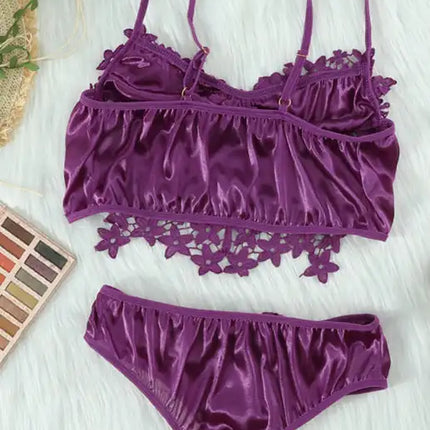 Spaghetti Straps Crochet Lace Hollow Out Bra Thong Lingerie Set