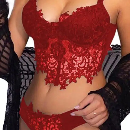 Spaghetti Straps Crochet Lace Hollow Out Bra Thong Lingerie Set