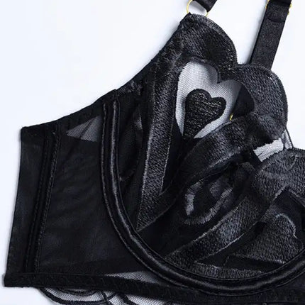 Conjunto de tres piezas de lencería sexy de malla de encaje bordado sólido para mujer 