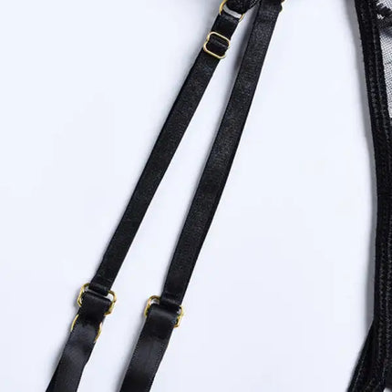 Conjunto de tres piezas de lencería sexy de malla de encaje bordado sólido para mujer 