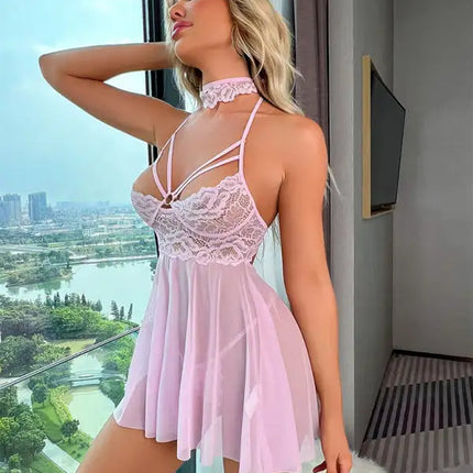 Sexy Lingerie-Sexy Temptation Lace Mesh Perspective Slit Backless Sling Nightdress With Collar