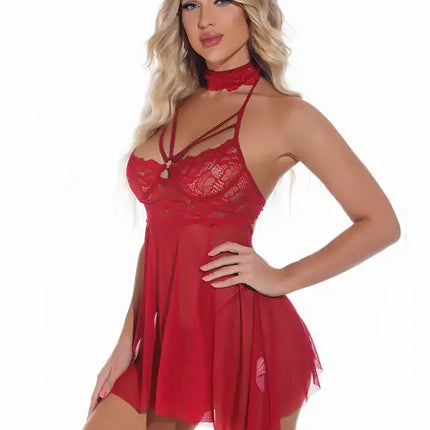 Sexy Lingerie-Sexy Temptation Lace Mesh Perspective Slit Backless Sling Nightdress With Collar