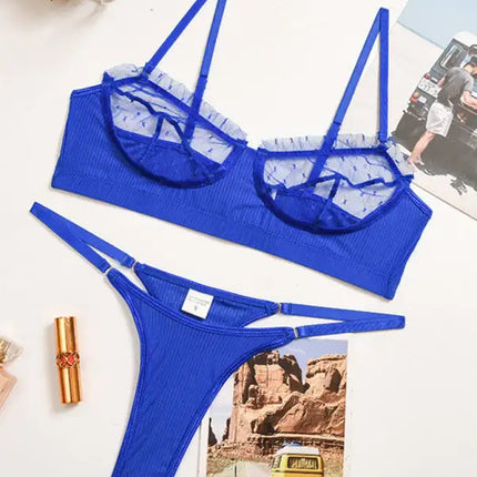 Conjunto de lencería con sujetador y tanga de malla transparente para mujer 