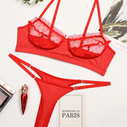 Conjunto de lencería con sujetador y tanga de malla transparente para mujer 