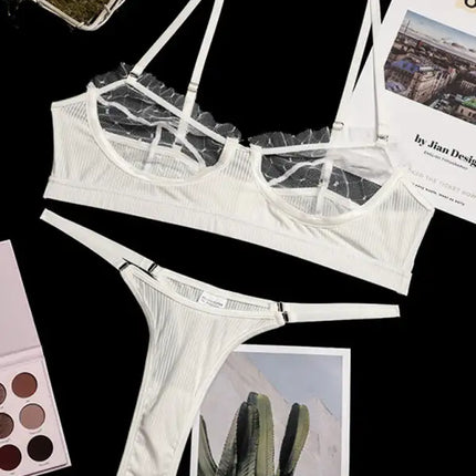 Conjunto de lencería con sujetador y tanga de malla transparente para mujer 