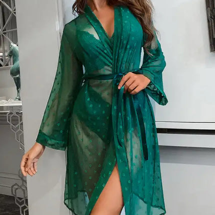 Conjunto de ropa interior de sujetador de abrigo largo de cuatro piezas de pijama transparente de malla sexy para mujer 