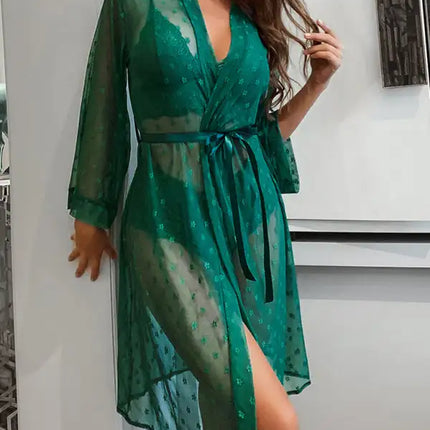 Conjunto de ropa interior de sujetador de abrigo largo de cuatro piezas de pijama transparente de malla sexy para mujer 