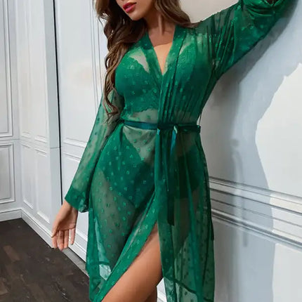 Conjunto de ropa interior de sujetador de abrigo largo de cuatro piezas de pijama transparente de malla sexy para mujer 