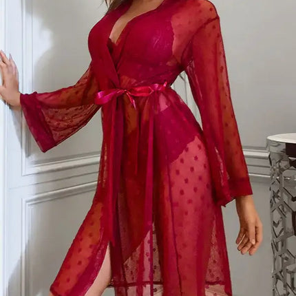 Conjunto de ropa interior de sujetador de abrigo largo de cuatro piezas de pijama transparente de malla sexy para mujer 