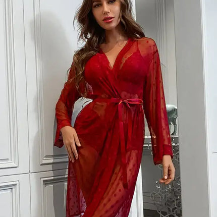 Conjunto de ropa interior de sujetador de abrigo largo de cuatro piezas de pijama transparente de malla sexy para mujer 