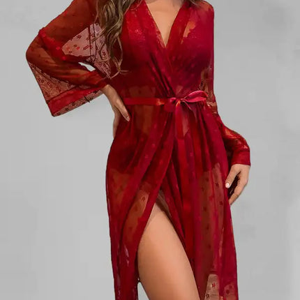 Conjunto de ropa interior de sujetador de abrigo largo de cuatro piezas de pijama transparente de malla sexy para mujer 