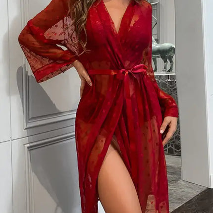 Conjunto de ropa interior de sujetador de abrigo largo de cuatro piezas de pijama transparente de malla sexy para mujer 