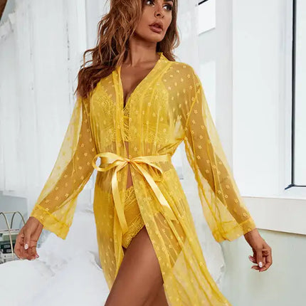 Conjunto de ropa interior de sujetador de abrigo largo de cuatro piezas de pijama transparente de malla sexy para mujer 