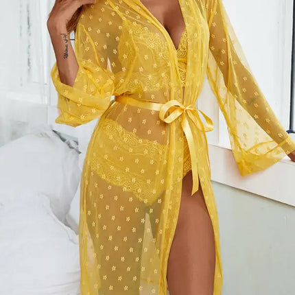 Conjunto de ropa interior de sujetador de abrigo largo de cuatro piezas de pijama transparente de malla sexy para mujer 