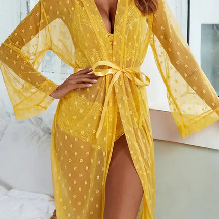 Conjunto de ropa interior de sujetador de abrigo largo de cuatro piezas de pijama transparente de malla sexy para mujer 
