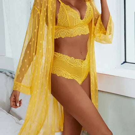 Conjunto de ropa interior de sujetador de abrigo largo de cuatro piezas de pijama transparente de malla sexy para mujer 