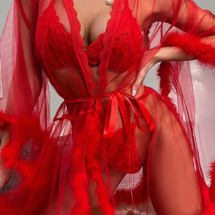 Camisón de plumas de malla transparente sexy para mujer 