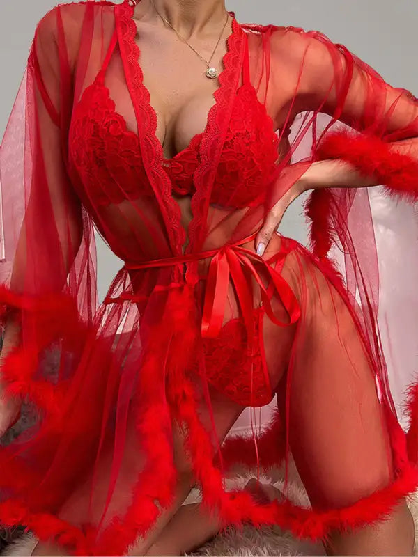 Camisón de plumas de malla transparente sexy para mujer 