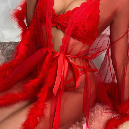 Camisón de plumas de malla transparente sexy para mujer 