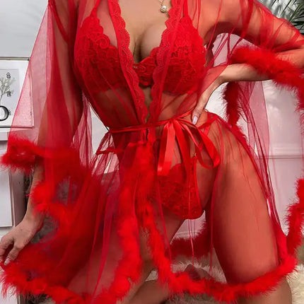 Camisón de plumas de malla transparente sexy para mujer 