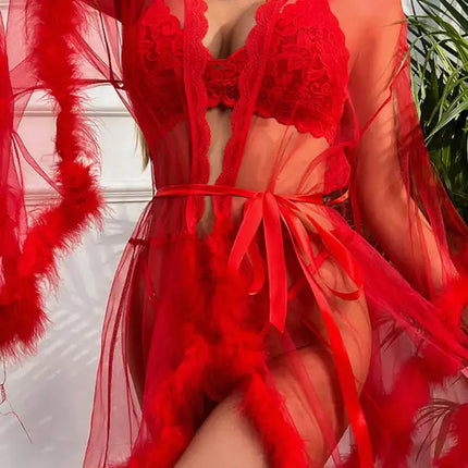 Camisón de plumas de malla transparente sexy para mujer 