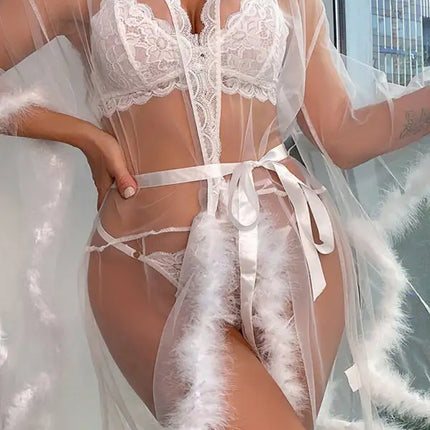 Camisón de plumas de malla transparente sexy para mujer 