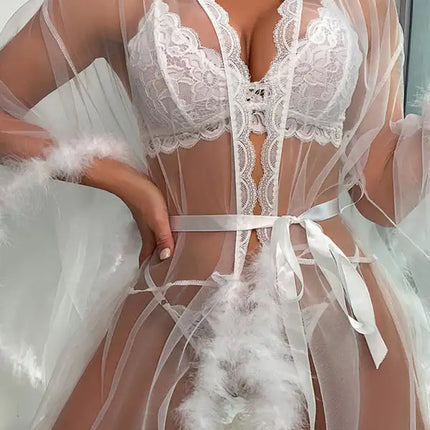 Camisón de plumas de malla transparente sexy para mujer 