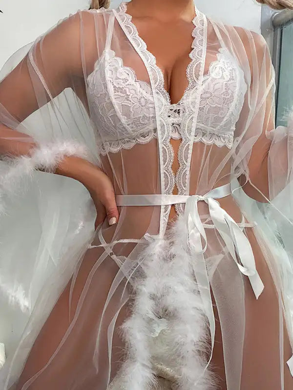 Camisón de plumas de malla transparente sexy para mujer 