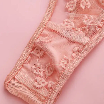 Conjunto de tres piezas de lencería sexy transparente de malla con bordado de encaje sexy para mujer 