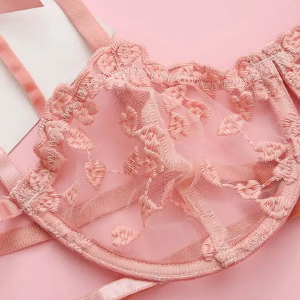 Conjunto de tres piezas de lencería sexy transparente de malla con bordado de encaje sexy para mujer 