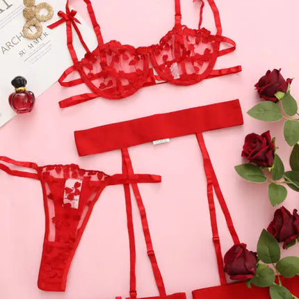 Conjunto de tres piezas de lencería sexy transparente de malla con bordado de encaje sexy para mujer 