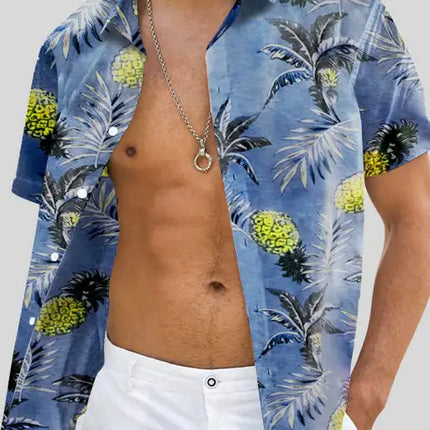 Sky Blue Men's Hawaiian Printed Turn-down Collar Button Short Sleeve Shirt